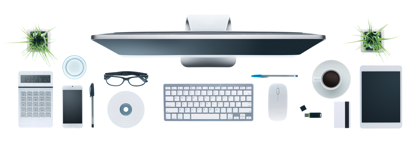 Hi-tech business desktop with computer, tablet, smartphone, calculator and other objects, top view, white background